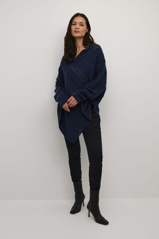 Cream - Poncho - Lange Mouwen - V-Hals - Losvallend Ontwerp - Patroon