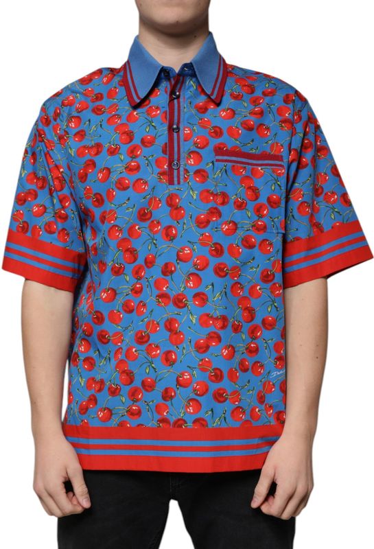 Dolce & Gabbana - Polo T-shirt - Blauw - Korte Mouwen - Cherry Print