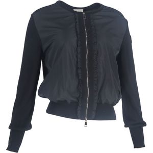 Moncler Rimpel Gevoerd Detail Cardigan in Zwarte Wol en Polyester