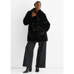 Zwart jasje van imitatiebont met dubbele knoopsluiting en lange pasvorm