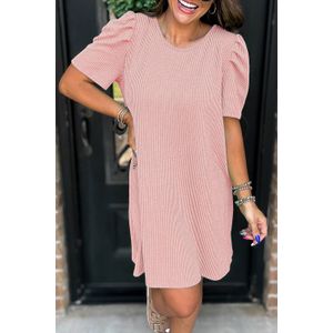 Geribbelde Gebreide Mini-jurk met Puffmouwen