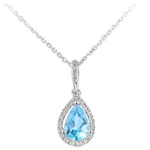 9ct witgouden ketting met diamanten en blauwe topaas druppelvormige hanger