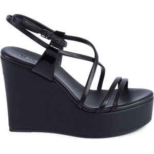 Calvin Klein - Zwarte Leren Plateau Sleehak Sandalen
