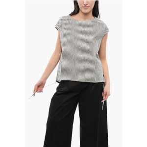 Gestreepte katoenen blouse met trekkoordzoom in blauw