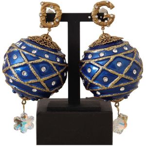 Dolce & Gabbana Gold Brass Blue Christmas Ball Crystal Clip op damesoorbellen