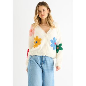 Crème Bloemen Gebreide Lange Mouwen Cardigan