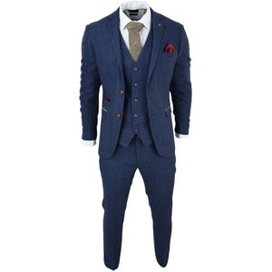 Heren - Blauwe Tweed Ruit - 3-Piece Pak - Gilet