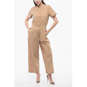 Popeline jumpsuit met korte mouwen in beige