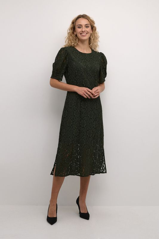 Jurk - CREbana Feminine - Groen - Midi Kantjurk - Korte Pofmouwen
