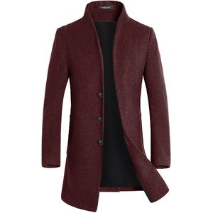 Winterjas voor heren, dik, casual, warm, effen kleur, opstaande kraag, lange wollen jas, bordeauxrood