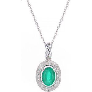 9ct witgouden ketting met ovale hanger met diamant en smaragd