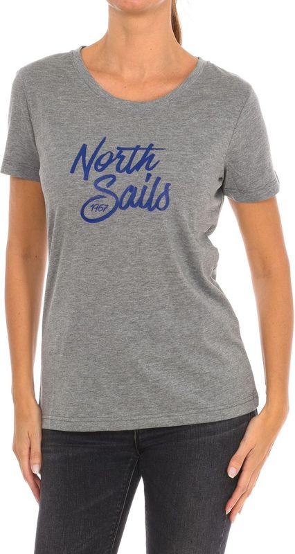 North Sails - T-shirt - Grijs - Dames - Katoen - Korte Mouwen - Geribbelde Halslijn