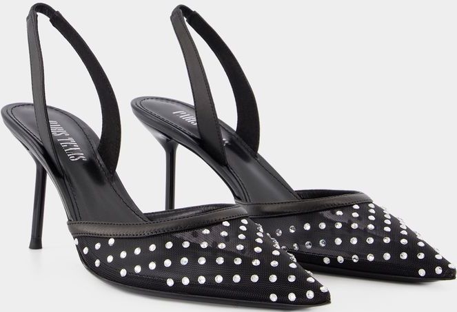 Paris Texas - Zwarte Slingback Pumps - Stof met Mesh-Kristal Detail