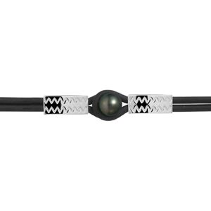 Neopreen tribal armband voor heren en dames met Tahitiaanse parel van 10 mm gezet in sterlingzilver (925)