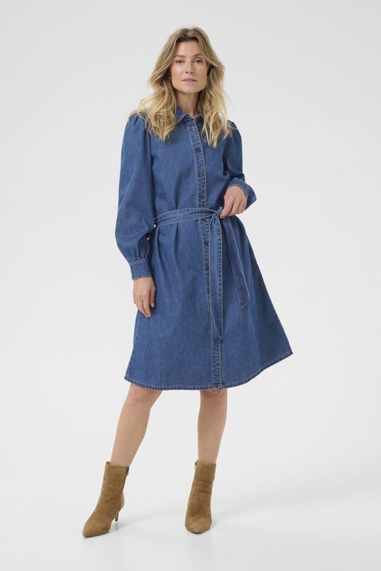 Cream - Vrouwelijke Denim Jurk - Blauw - Lange Mouwen