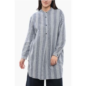 Gestreept overhemd van biologisch katoen met mandarijnkraag in lichtblauw