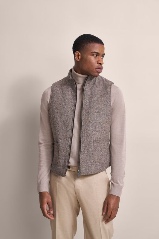 Bodywarmer - Taupe - Met Tonale Visgraatpatroon - Regular Fit