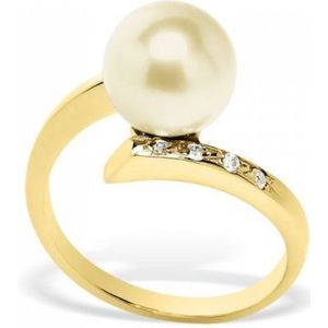 Ring van 375/1000 geelgoud met diamanten en goudkleurige zoetwaterparel.