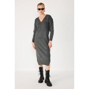 V-hals Lange Mouw Gebreide Midi Jurk