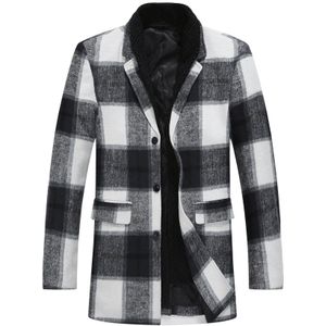 Heren lange slim fit geruite winter dikke jas met sjaalkraag wit