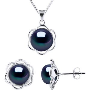 Versiering ketting en oorbellen PETAL Kralen Zoetwater 8-9mm Black 925