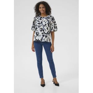 Blouse - A-shape - Beige/Black/Blue Blurry Leaf