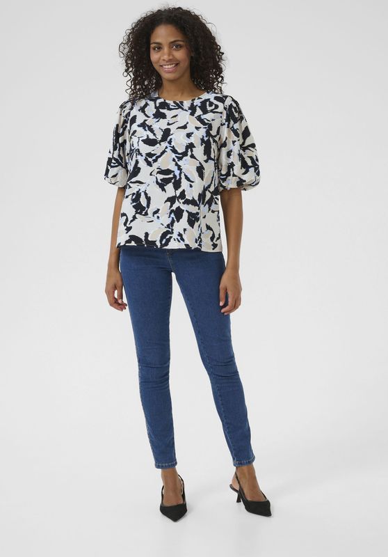 Blouse - A-shape - Beige/Black/Blue Blurry Leaf