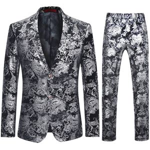 Elegant zilverkleurig slim-fit 2-delig pak met bloemen - Stijlvol