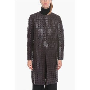 Gebreide leren SATIJN jas met trekkoord in bruin