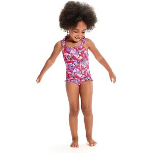 Speedo Een eendelig babypakje met dunne bandjes en franje, bedrukt om te leren zwemmen (Roze/paars)