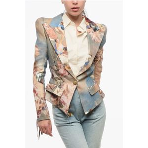 Gestreept linnen blazer met één knoop en veterdetails in veelkleurig