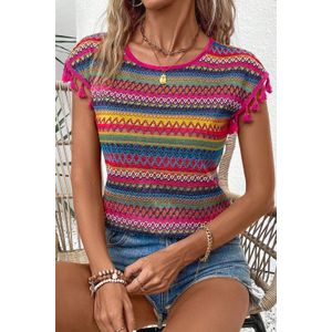 Gestreepte Gebreide Poncho Met Franjetjes