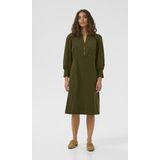 Jurk - Olive - Casual Fit - Dames A-lijn Jurk - Ronde V-halslijn met Knopen - Driekwart Mouwen