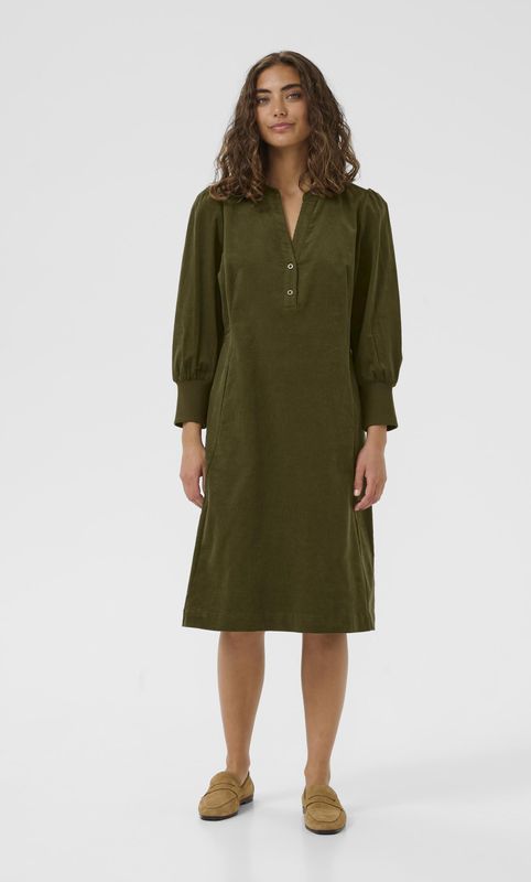 Jurk - Olive - Casual Fit - Dames A-lijn Jurk - Ronde V-halslijn met Knopen - Driekwart Mouwen