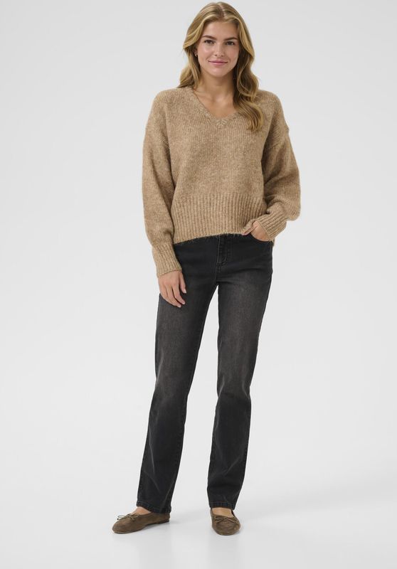 Kaffe - Trina - Trui - Lichtbruin - V-hals - Losse Pasvorm