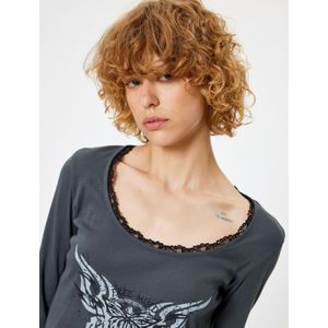 Koton - Shirt - Lichtblauw - Jersey - Lange Mouw - Slanke Pasvorm