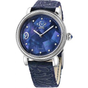 GV2 Ravenna Womens Swiss Quartz Diamond Blue Mother of Pearl Dial Blue Suede reliëf band horloge