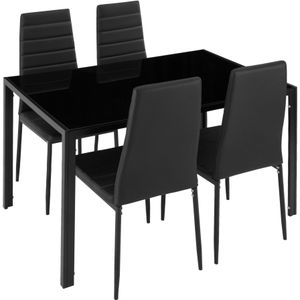 tectake® Eettafelset Berlijn - Eetkamergroep - Zwart - Glas en Kunstleer - 5-delig