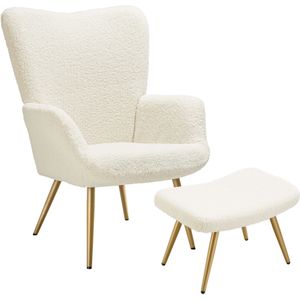Fauteuil Hygge gestoffeerd, ergonomisch, draagkracht 150 kg - Met hocker, Bouclé crème/goud