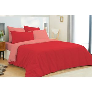 Dekbedovertrek met 4 bijpassende kussenslopen en gratis hoeslaken - Rood/roze - 220x240 cm + 160x200 cm