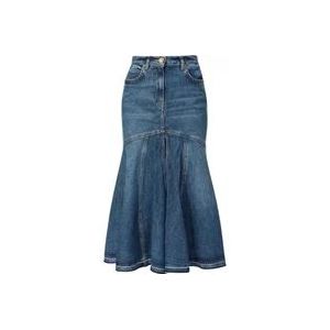 Pinko Vintage Denim Midi Rok met Ruche , Blue , Dames , Maat: 2XS