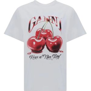 Ganni Kersenprint Katoenen T-shirt , White , Dames , Maat: M