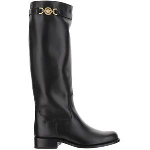 Versace Zwarte leren laarzen met Medusa-band , Black , Dames , Maat: 38 EU
