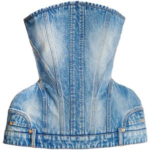 Balmain Gestructureerde denim bustier , Blue , Dames , Maat: XS