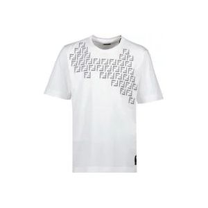 Fendi Geborduurd Logo Ronde Hals T-shirt , White , Heren , Maat: L