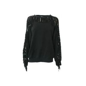 Twinset Paillet Franje Katoen Oversized Sweatshirt , Black , Dames , Maat: XS