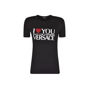 Versace Zwart T-shirt met slogan print en strass , Black , Dames , Maat: 2XS