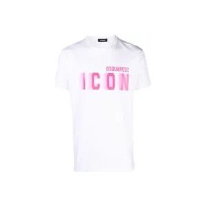 Dsquared2 Wit Icon Roze Fluorescerend T-Shirt , White , Heren , Maat: 2XL