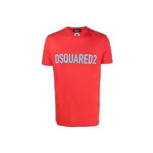 Dsquared2 Logo-Print Crew-Neck T-Shirt in Rood en Teal Blauw , Red , Heren , Maat: 2XL