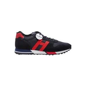 Hogan Zwarte Leren Sneakers met Rode Hak en Tricolor Rubberen Zool , Black , Heren , Maat: 44 EU